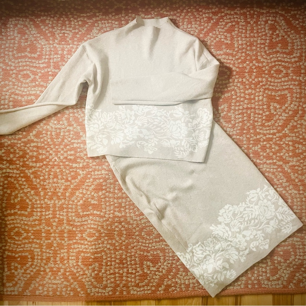 Elegant Cream Floral Sweater and Skirt Set